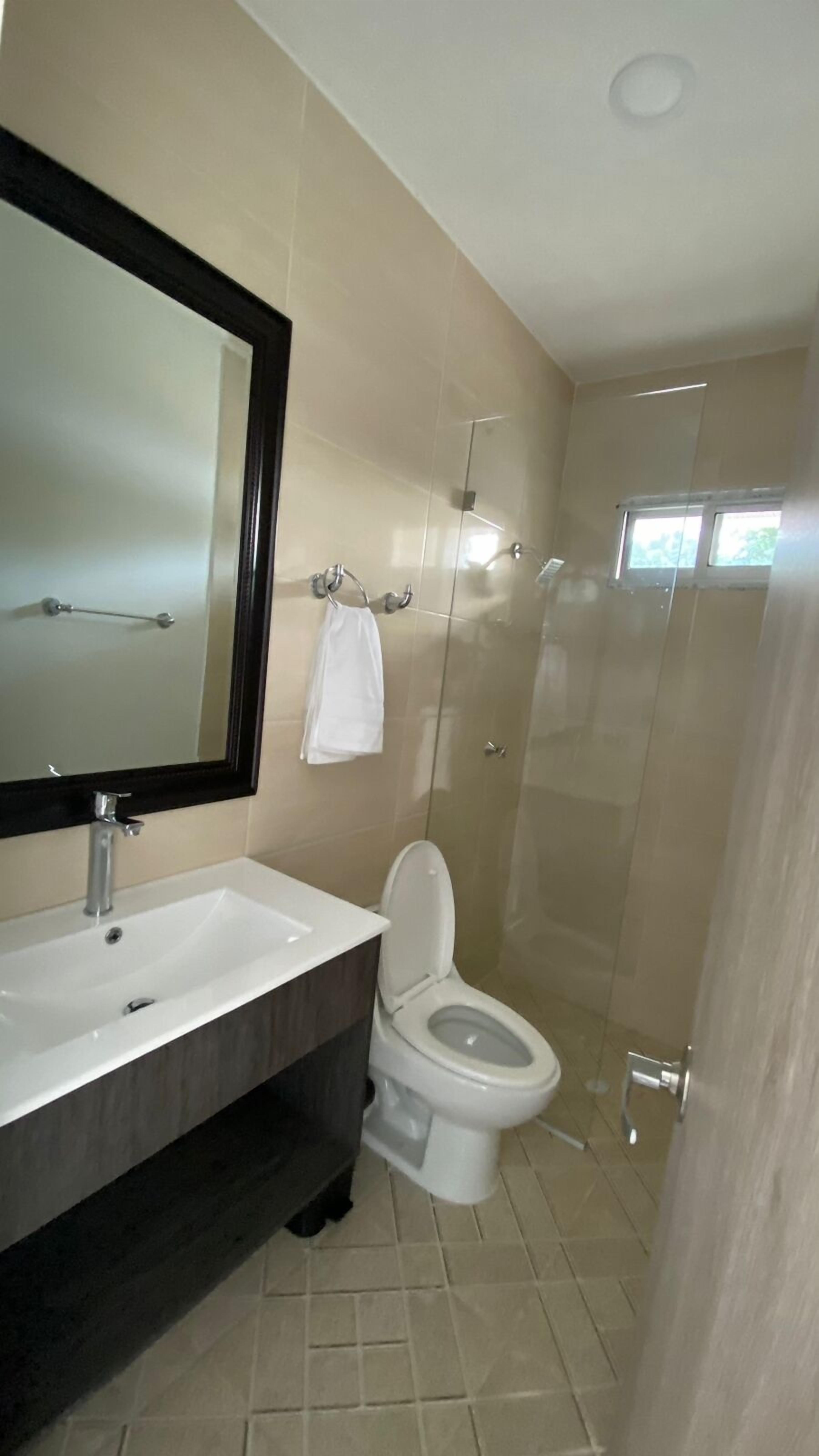 A modern bathroom with a large mirror, a sink, a toilet, and a glass-enclosed shower.