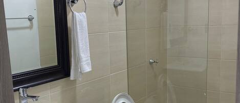 A bathroom with a white sink, a toilet, a shower, and a mirror.