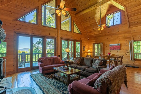 Flat-screen TV, fireplace, video games, DVD player