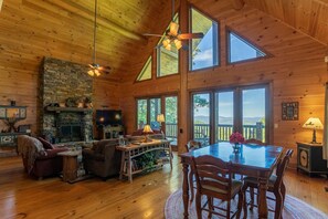 Flat-screen TV, fireplace, video games, DVD player