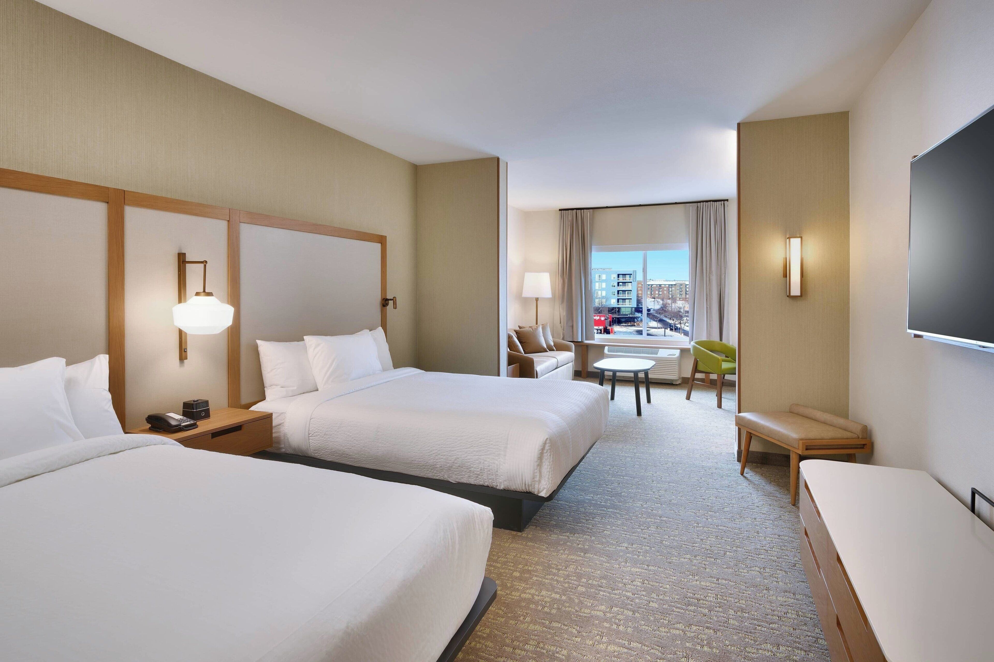 1 bedroom, desk, laptop workspace, blackout curtains