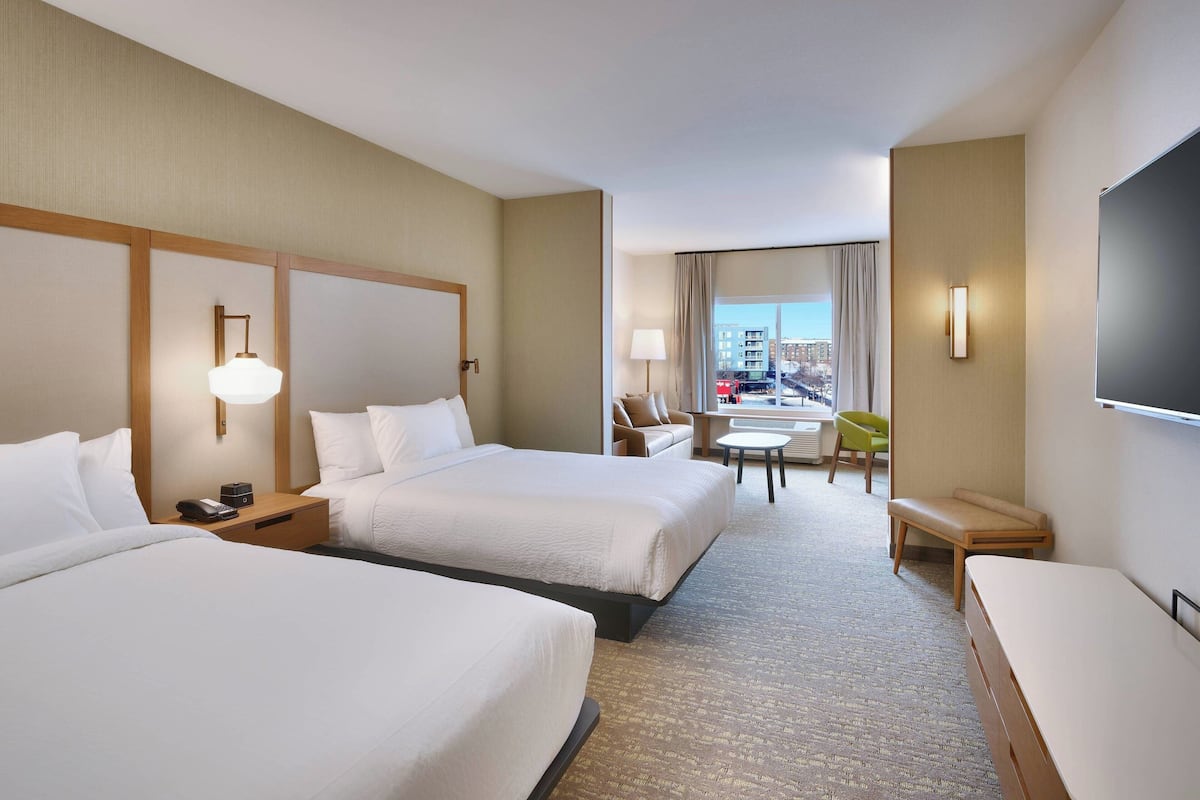 Desk, laptop workspace, blackout curtains, iron/ironing board