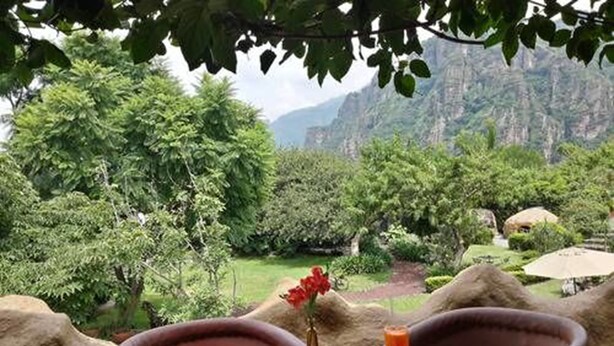 A dining table with a meal set, a glass of juice, and a cup of coffee, surrounded by chairs, with a view of lush greenery and mountains in the background. - Hotel Valle Místico (Tepoztlán)