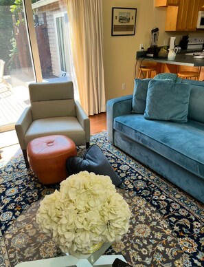 TV a schermo piatto, caminetto, lettore DVD, libri