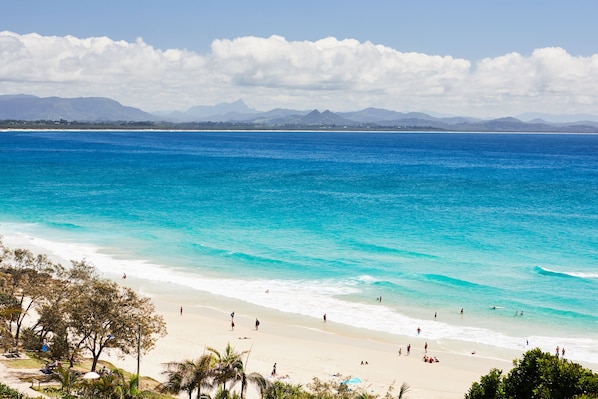 On the beach, sun-loungers, beach towels