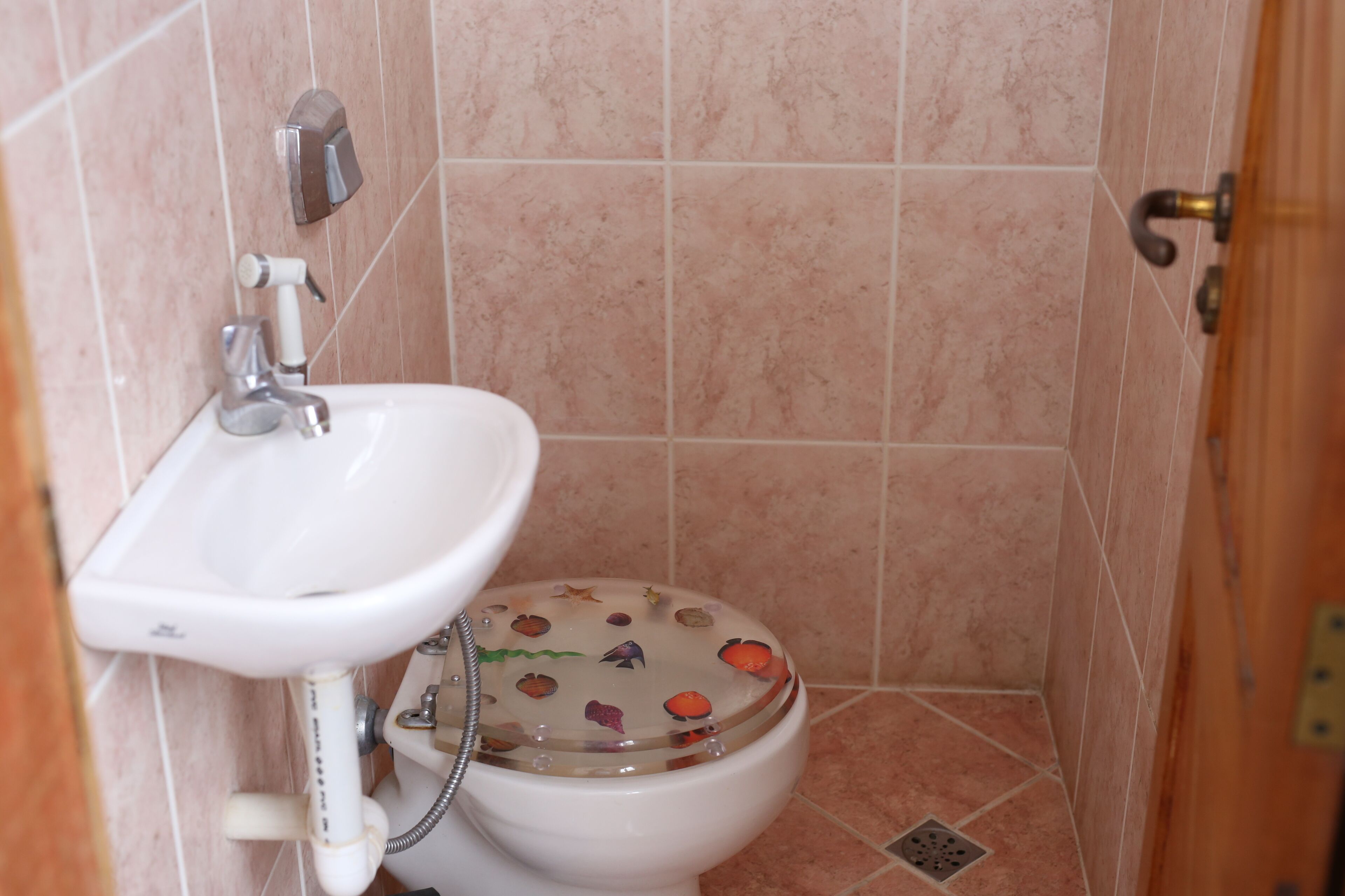 Une salle de bain équipée de toilettes, d’un lavabo et d’une douche.