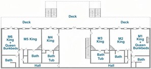 A floor plan of a hotel with two decks, multiple rooms labeled M1 to M6, and several bathrooms.