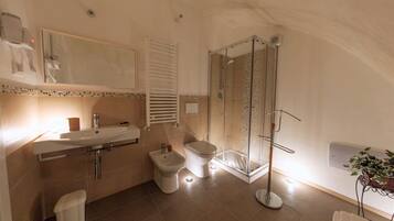Shower, hair dryer, bidet, towels