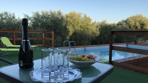 A poolside table with a bottle, glasses, and a bowl of fruit. - Villa Artemide with WI-FI 15 Km from Syracuse (siracusa)