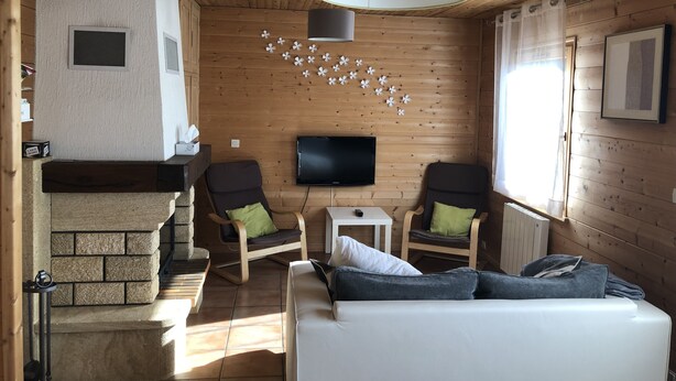 A cozy living room with a fireplace, two chairs, a sofa, and a television. - Independent wooden chalet  (Le Tholy)