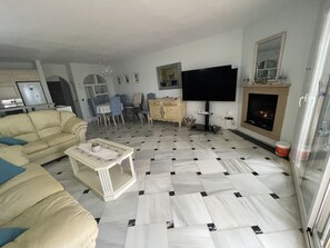 Smart TV, chimenea, reproductor de DVD y libros 