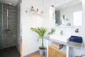 Douche, séchoir à cheveux, serviettes fournies, savon