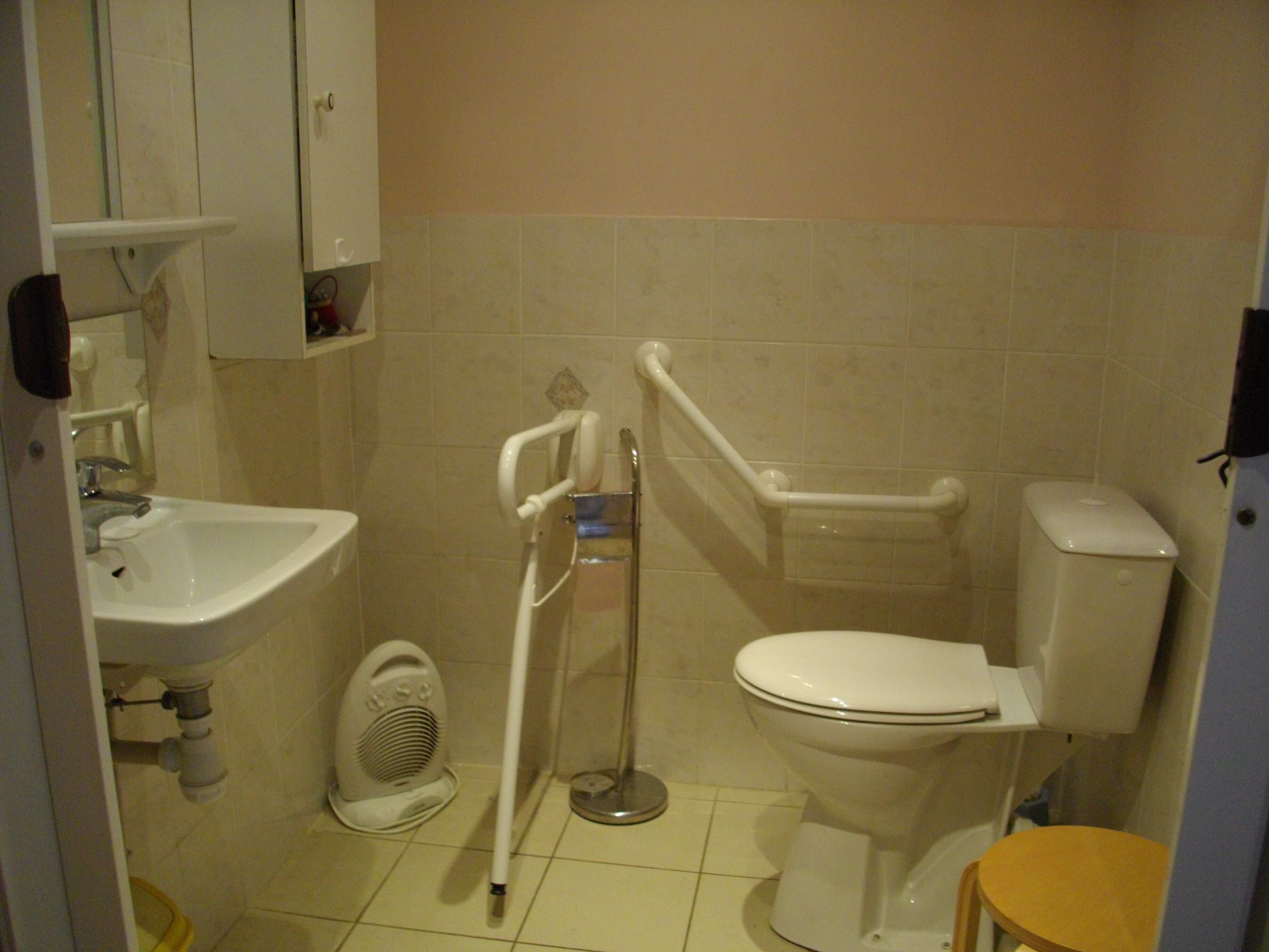 A bathroom with a sink, toilet, and a handrail for accessibility.
