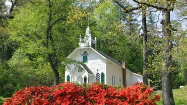 Una iglesia blanca rodeada de exuberantes árboles verdes y arbustos rojos vibrantes.
