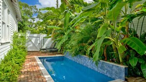 Ein rechteckiger Pool mit Fliesenrand, umgeben von einer Ziegelterrasse und üppiger Bepflanzung, darunter Bananenbäume und Farne.