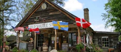 A rustic building with a sign reading "COLD SAUTEE ST." Flags of Sweden and Denmark are displayed outside.