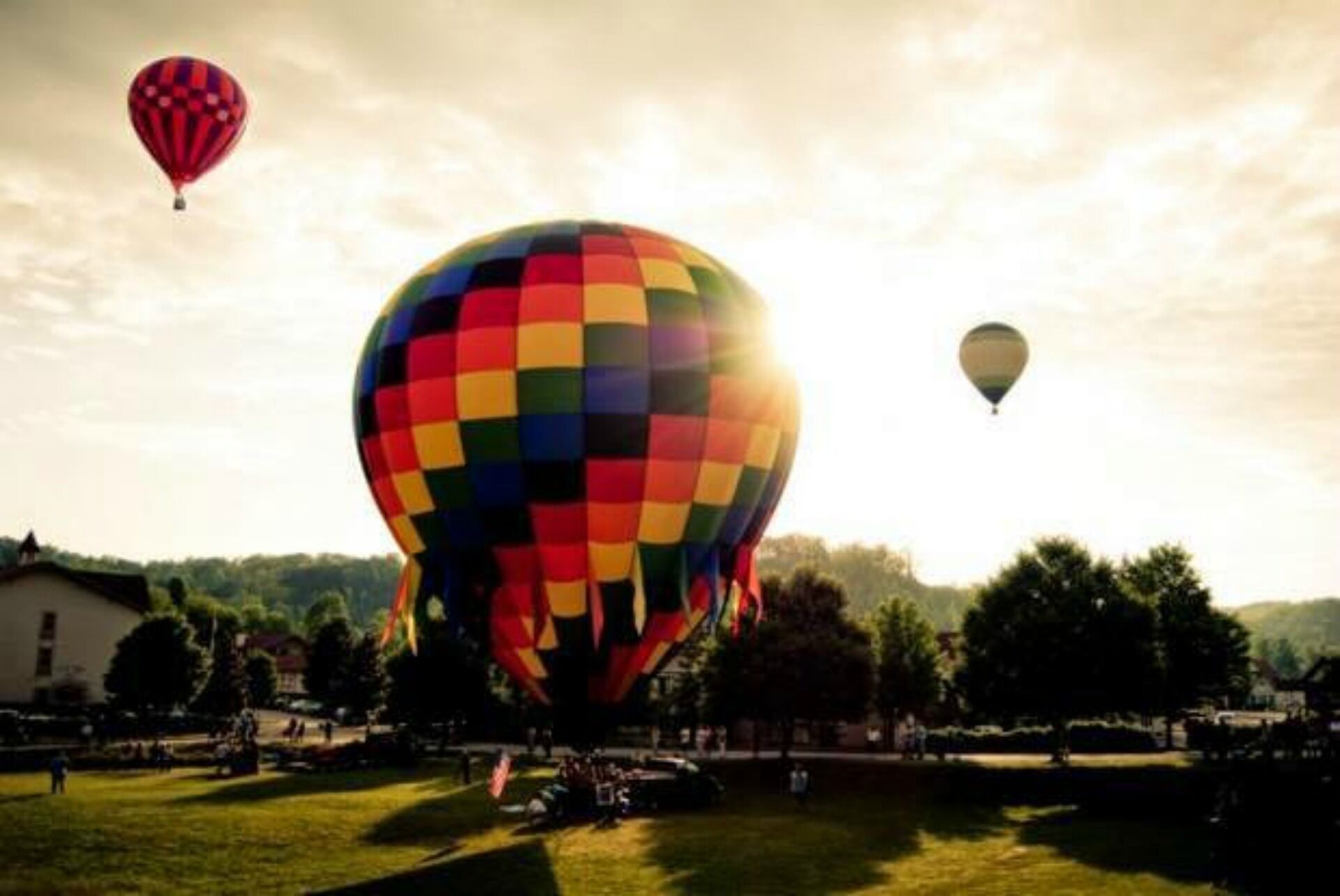 Una grande mongolfiera colorata in un parco con un prato erboso e alberi sullo sfondo.