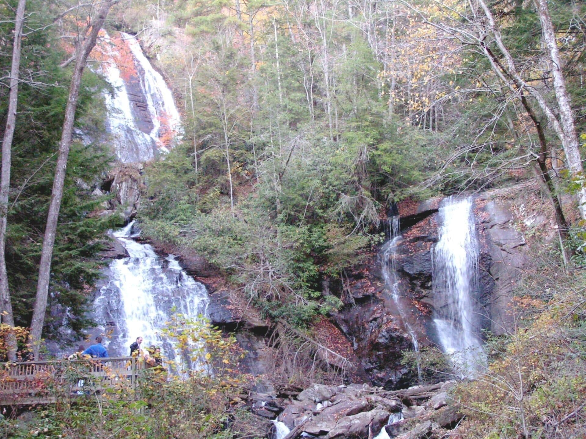 Una cascada rodeada de un bosque denso, con una plataforma de madera en primer plano.