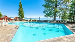 A rectangular swimming pool with lane dividers, surrounded by lounge chairs and a brick deck. - Snow! March /April availability! Driveway snow plow included! Dog ok! Fast WiFi! (Homewood)