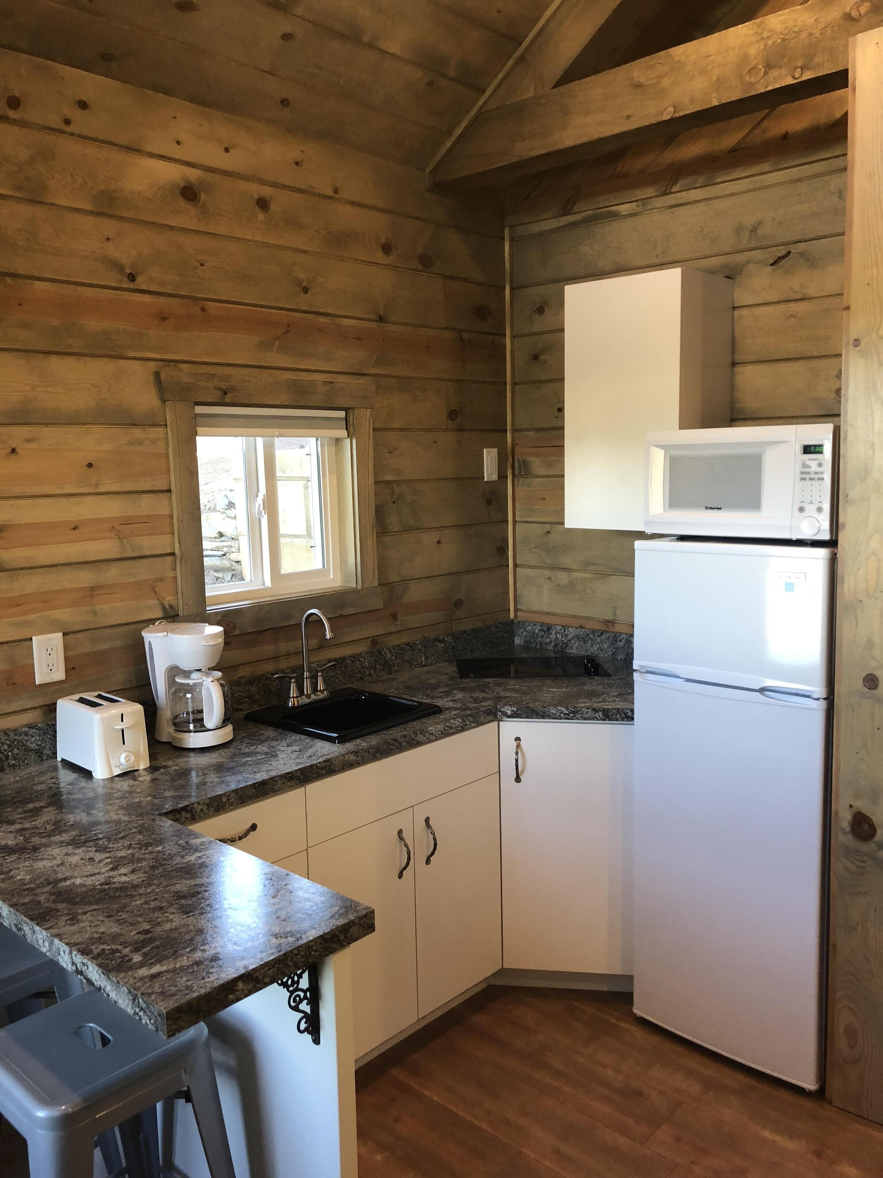 Fridge, microwave, stovetop, coffee/tea maker