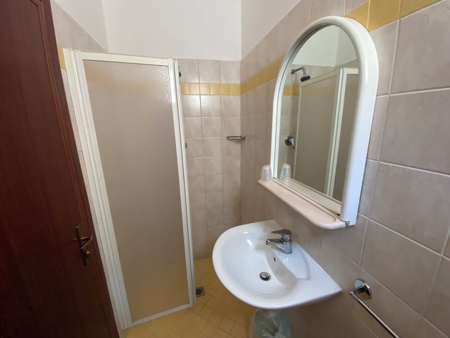 A bathroom with a white sink, a mirror, and a shower.