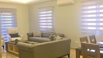 Luxury Apartment, Mountain View | Living area | 50-inch flat-screen TV with satellite channels, LED TV, DVD player