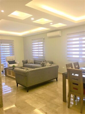 Luxury Apartment, Mountain View | Living area | 50-inch flat-screen TV with satellite channels, LED TV, DVD player - Elite Residence (Btouratij)