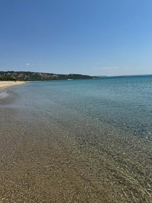 Ein sonniger Strand mit flachem Wasser, einem sandigen Ufer und einer weit entfernten Hügellandschaft.