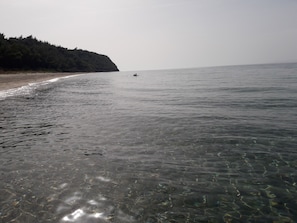 A beach with clear water and a forested hill in the background.
