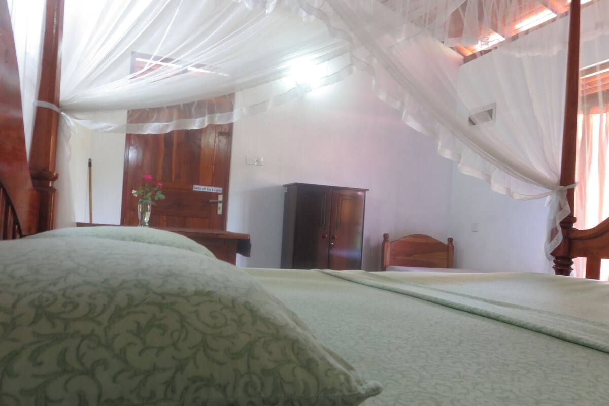 A bedroom with a bed, a wooden wardrobe, a nightstand, and a mosquito net.
