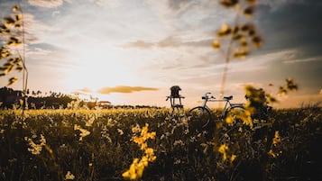 A bicycle in a field with a structure in the background.