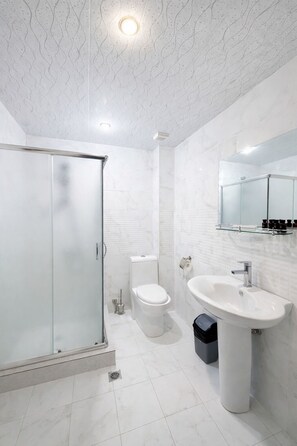 A modern bathroom with a glass shower enclosure, a toilet, and a sink with a mirror above. - Gyumri Hotel (Gyumri)