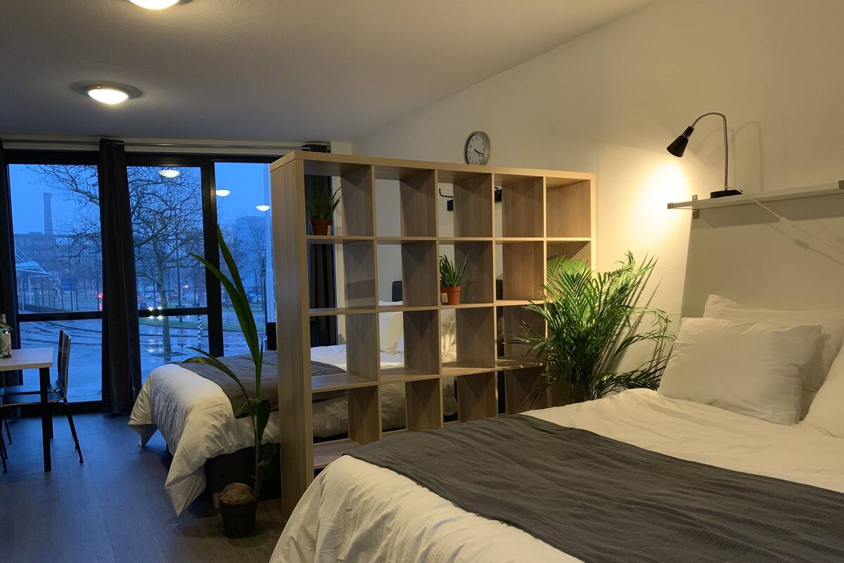 A modern bedroom with a large bed, a wooden shelving unit, and a view of the street outside.