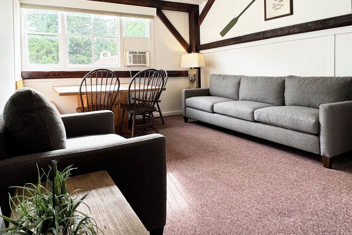 A cozy living room with a grey sofa, wooden chairs, a coffee table, and a window with a view of greenery.