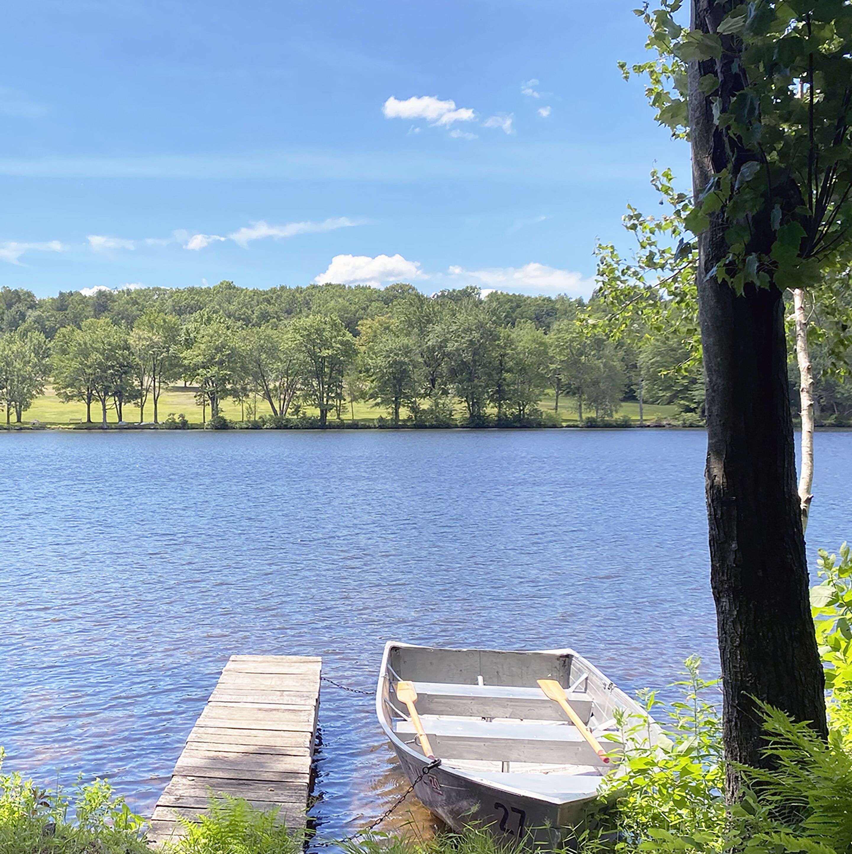 Une jetée en bois s’avançant dans un lac paisible, avec un canot à rames amarré à celle-ci.
