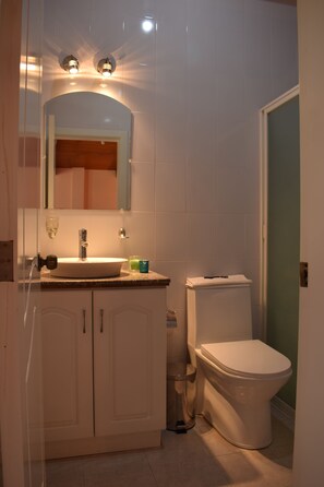 Habitación básica doble, 2 camas dobles, no fumadores | Baño | Ducha, artículos de higiene personal gratuitos y secador de pelo