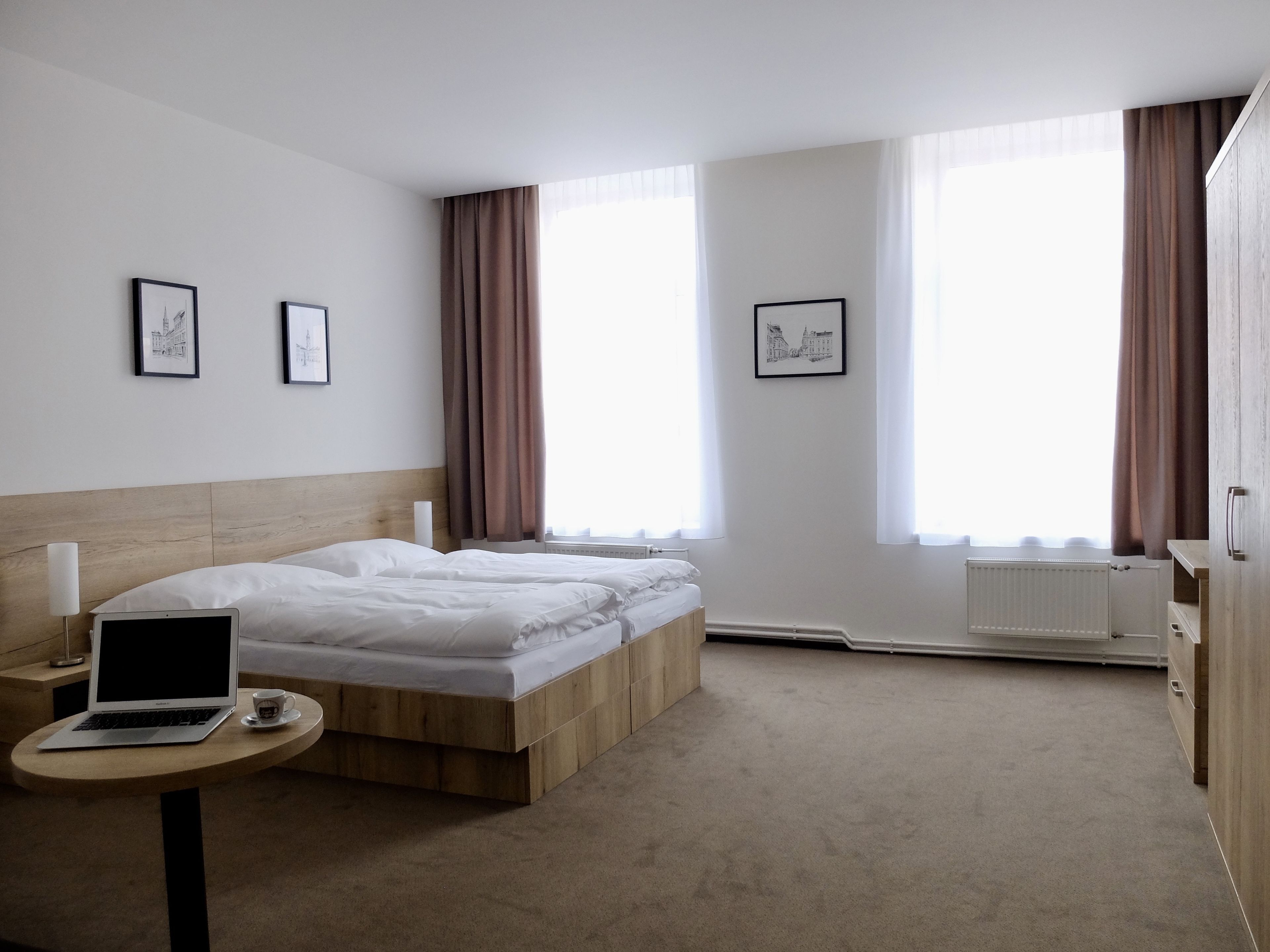 Desk, laptop workspace, blackout curtains, free WiFi