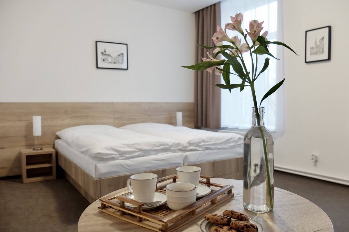 Habitación estándar con 1 cama matrimonial o 2 individuales | Escritorio, espacio para trabajar con laptop y cortinas blackout 