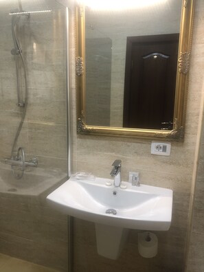 Bathtub, jetted tub, hair dryer, bathrobes