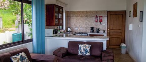 A compact living space with a kitchenette, a sofa, and a window with curtains.