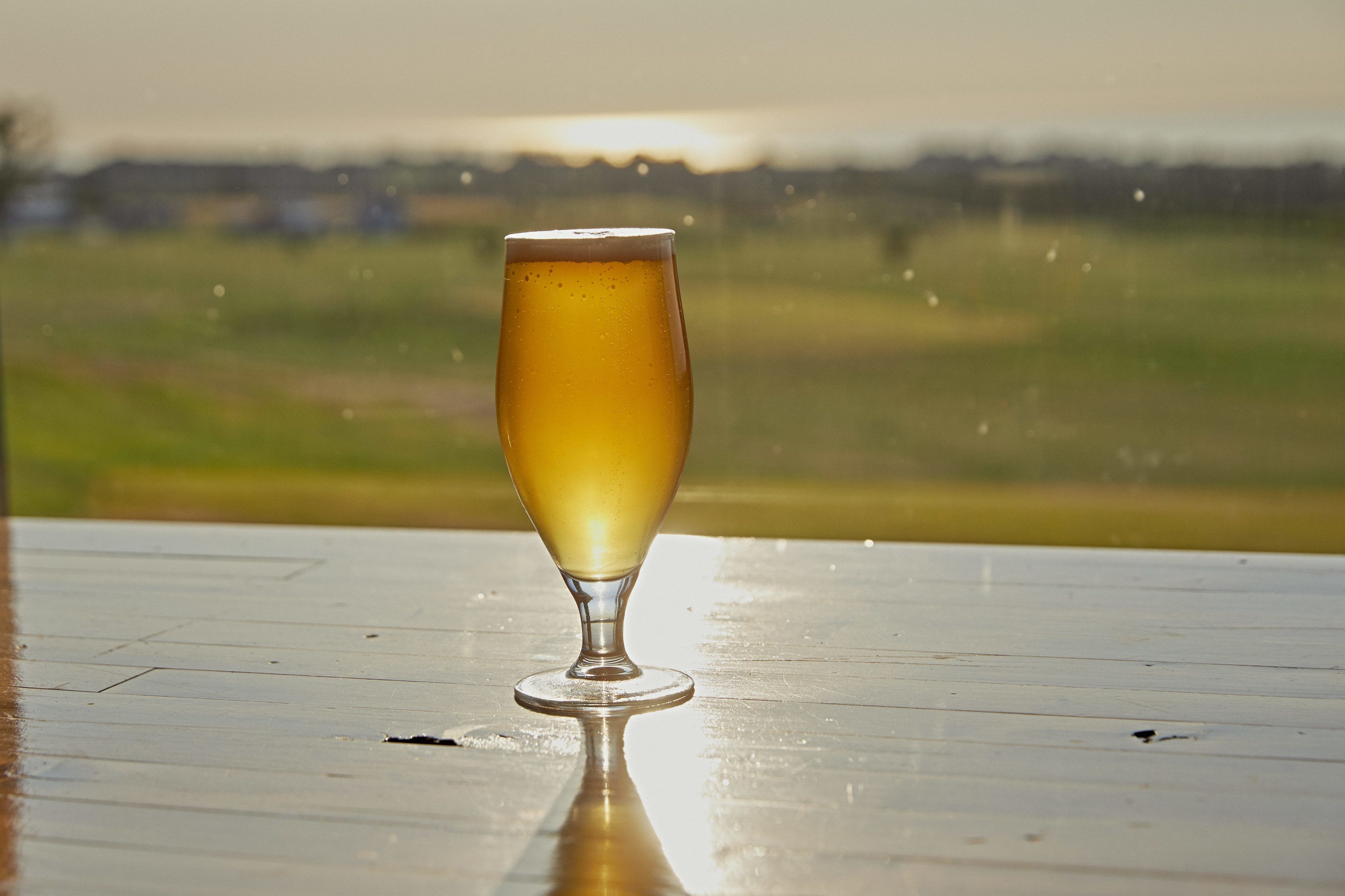 Una cerveza en una mesa de madera con una vista borrosa del exterior al fondo.