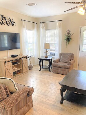 Smart TV, DVD player, books, video library