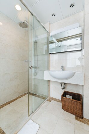 Douche, sèche-cheveux, serviettes fournies, savon
