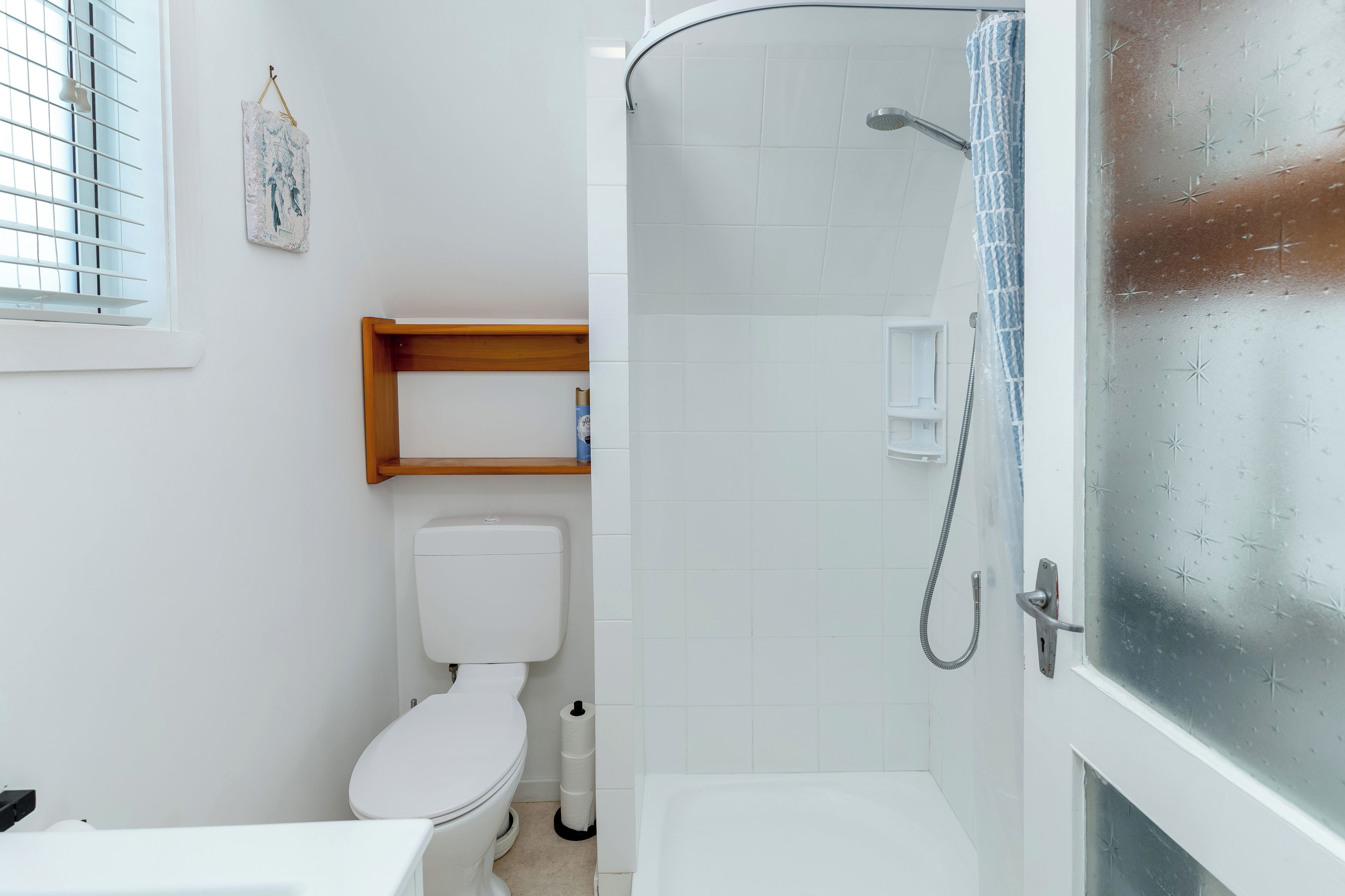 A bathroom with a toilet, a shower, and a glass door.