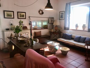 TV, fireplace, books, stereo