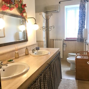 Regadera, secadora de cabello, bidet, toallas
