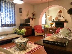 Fernseher, Kamin, Bücher, Stereoanlage