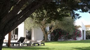 A well-maintained lawn with a seating area, a large tree, and a building with a white facade and red flowers. - 4 bedrooms Villa with pool, Sea view - 3 min walk to Binibeca vell (Binibequer)