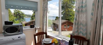 Open plan lodge with stunning views, near Dunoon, sleeps 4, pet friendly