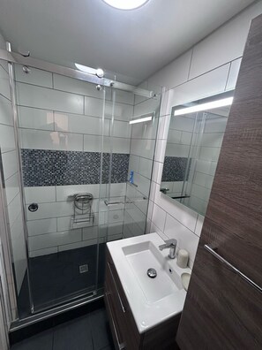 Douche, sèche-cheveux, serviettes fournies, papier toilette